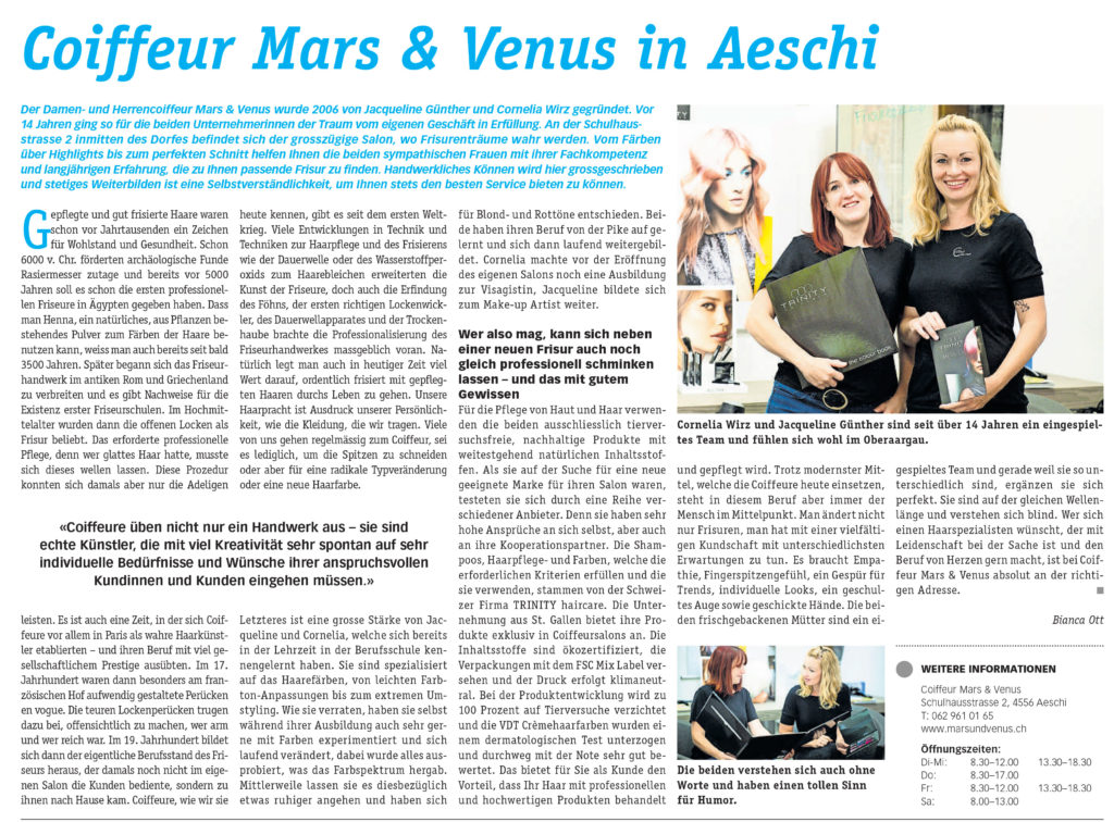 Artikel Coiffeur Mars und Venus Anzeiger Oberaargau